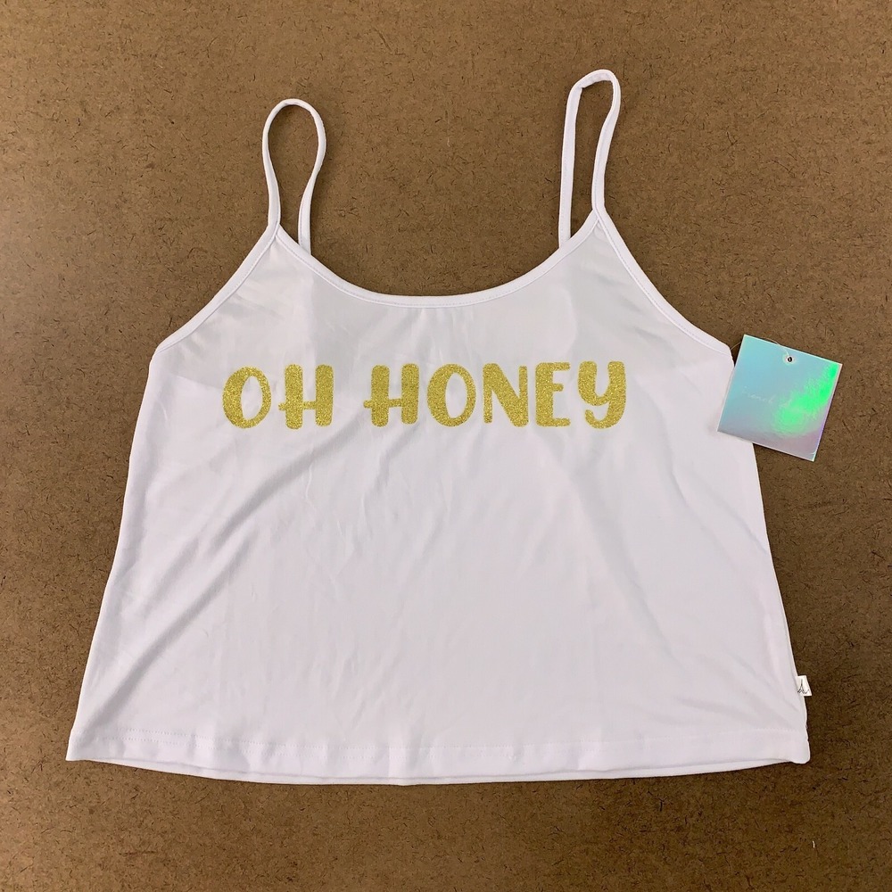 French Affair Women's Size Large White Gold Glitter Oh Honey Cropped Tank NWT
